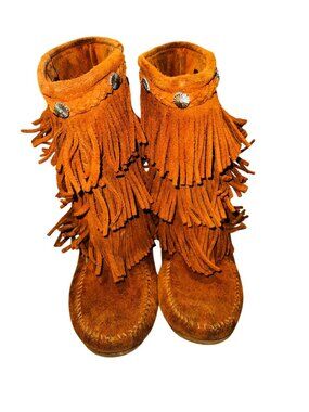 Minnetonka Women 5 Suede Fringe Moccasin Boot Brown Leather Boho Hippie Festival